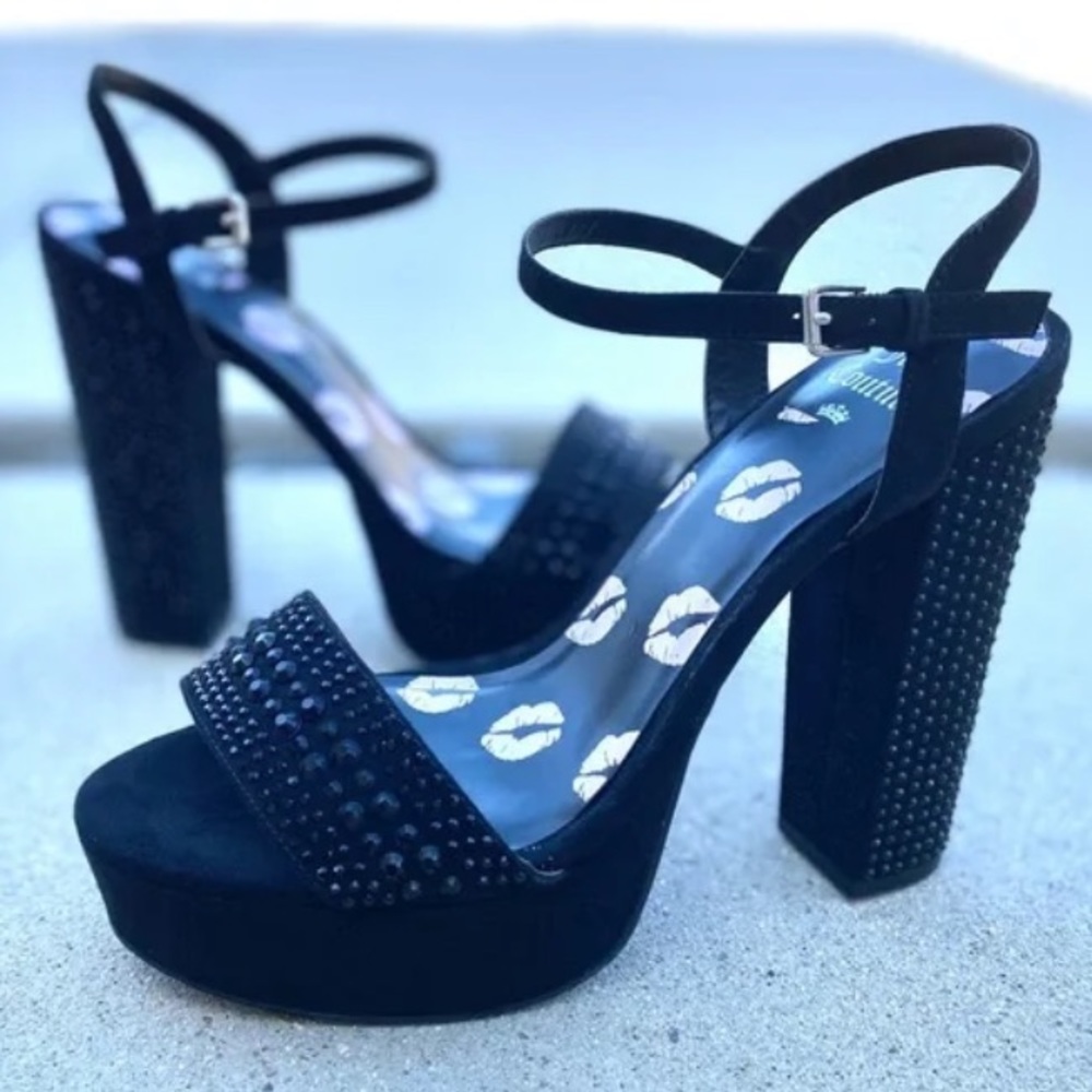 JUICY COUTURE black rhinestone platform heels strappy 8.5 - Picture 3 of 7